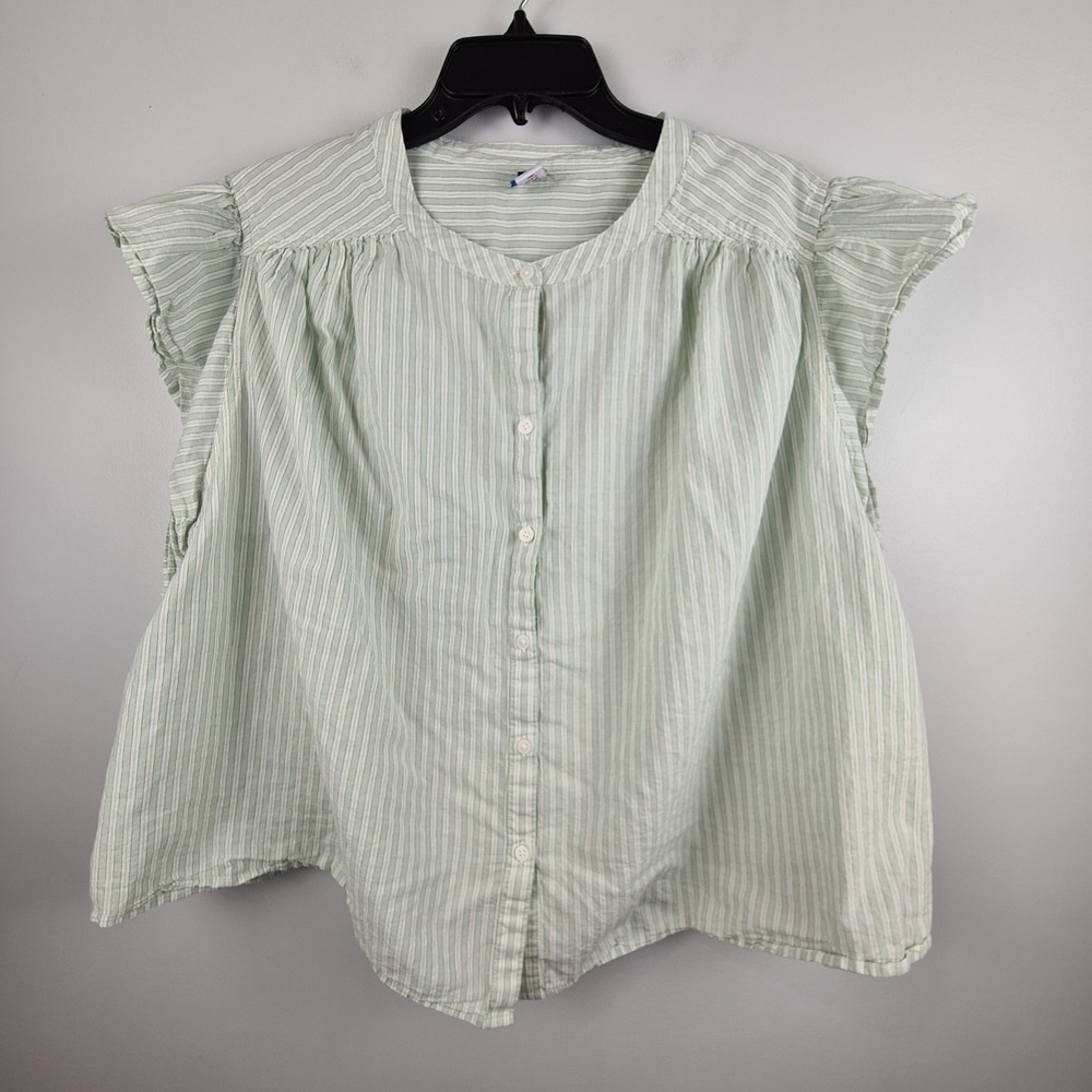 Old Navy Women 2X Mint Green White Striped Flutter Sleeve Button Down Cotton Top